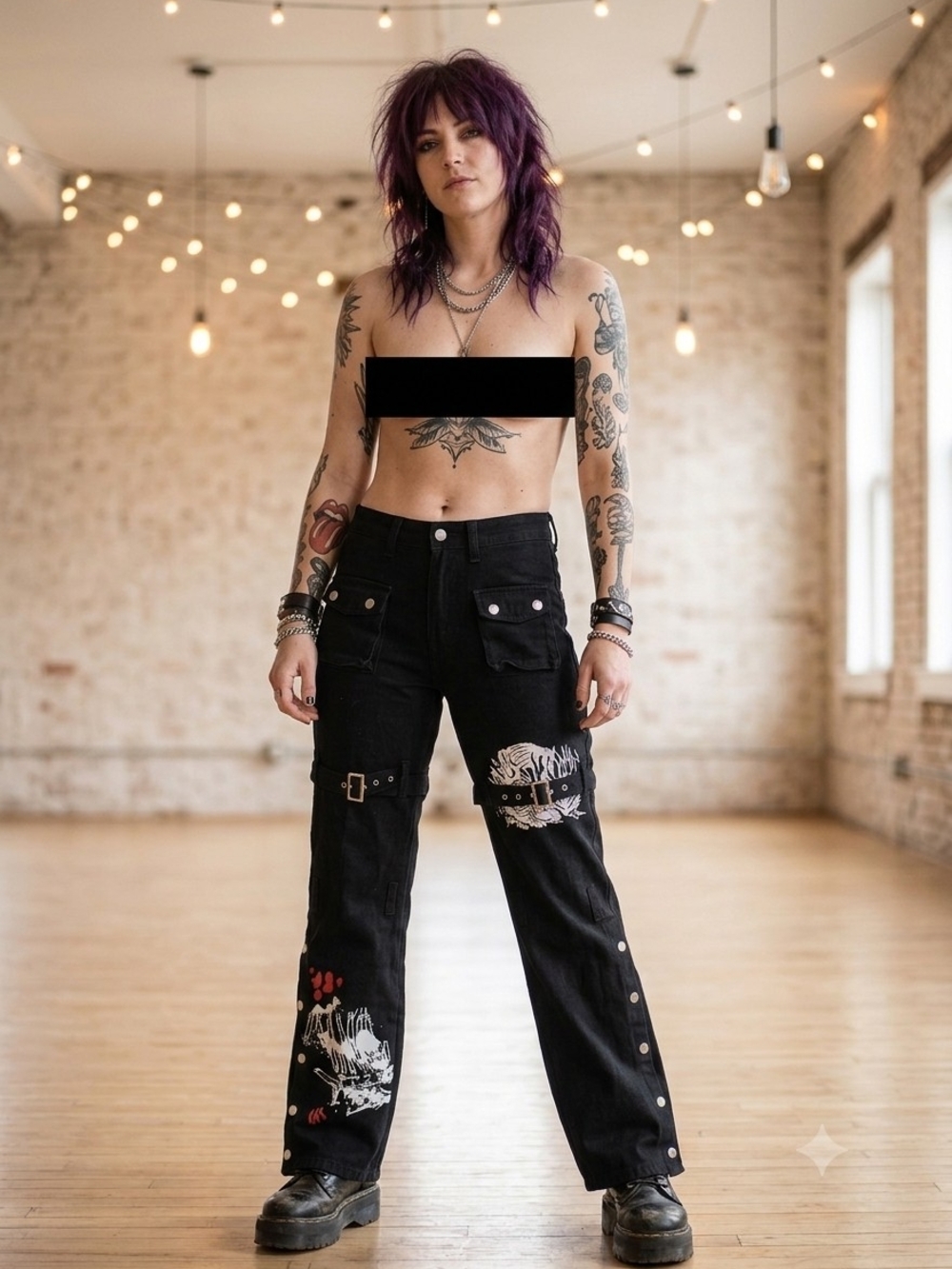 IMPORTED Graphic Cargo Jeans with Front Snap Pockets/Snap Legs/Leg Ties (M)